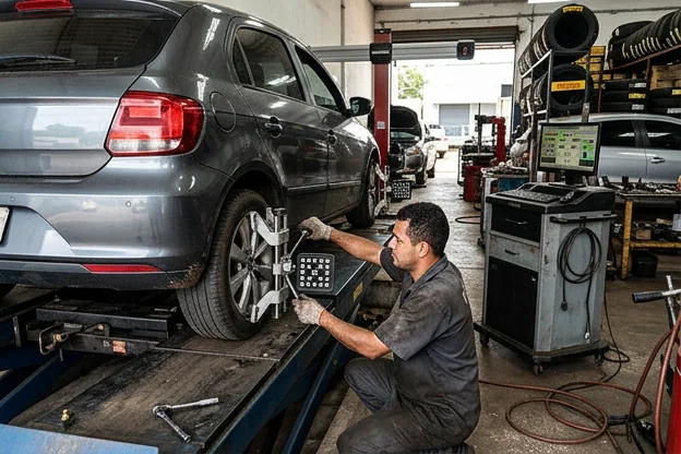 Carro sob máquina de alinhamento de rodas em Sorriso.
