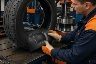 Profissional realizando vulcanização em um pneu.